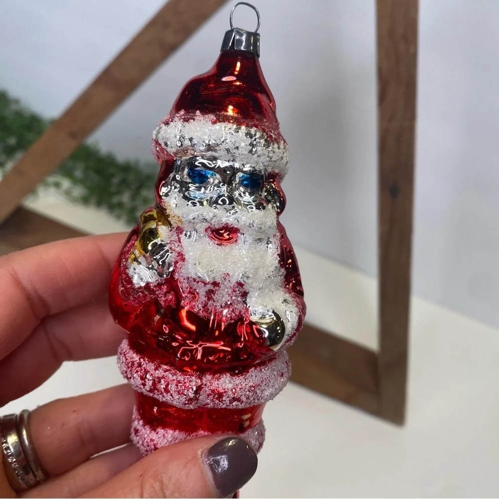 Vintage West Germany Santa Blown Glass Ornament Glitter Blue Eyes